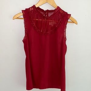 ModCloth burgundy, ruffle, sleeveless top. Keyhole tie  back. Metallic thread Sm